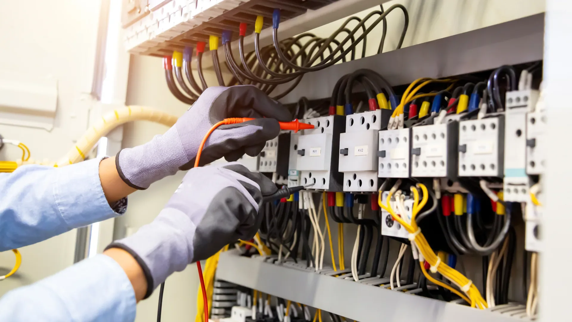 Elektriker från Westbo Elteknik kopplar in en elanläggning på plats
